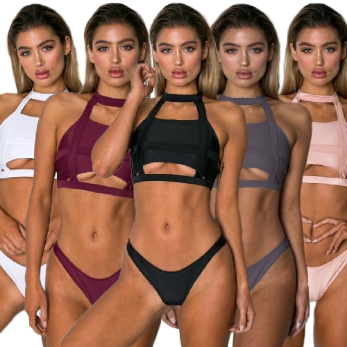 

Sexy Women Bikini Set Choker Neck Hollow Bandage Padded Two Pieces Swimsuit Swimwear
