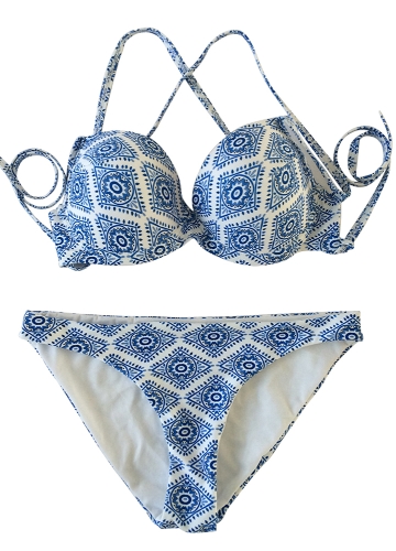 

Women Bikini Set Geometric Pattern Print Bandage Cross Over Padded Hollow Out Low Waist Sexy Swimsuit Blue
