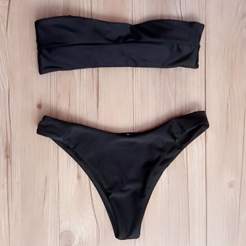 

Strapless Bandeau Solid Color Leopard Print Padded Bikini Set