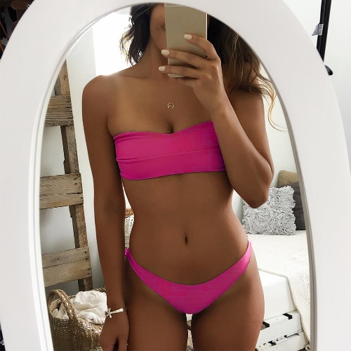 

Без бретелек Bandeau Solid Color Leopard Print Комплект для бикини