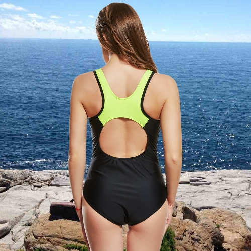 

Sexy Women One-Piece Swimwear Color Splice Cut Out Sleeveless Padding Wireless Bathing Suit Swimsuits Beach Wear