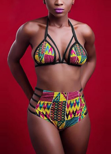 

Sexy Women Halter Bikini Set Cutout Printed Swimwear Swimsuit Padded Two Piece Bathing Suit Beachwear Yellow