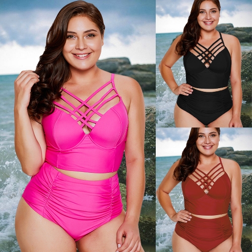 

Sexy Women Plus Size Strappy Swimsuit Underwire Push Up Bikini Swimwear Bathing Suit Rose/Black/Burgundy