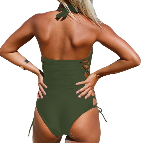 

Halter Lace Up Waist Backless One Piece Swimsuit