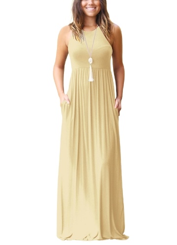 

Women Solid Round Neck Sleeveless Racer Back Pleated Pockets Maxi Gown Dress