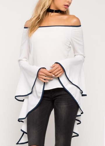 

Women Blouse Off the Shoulder Ruffle Flare Long Sleeves Slash Neck Top