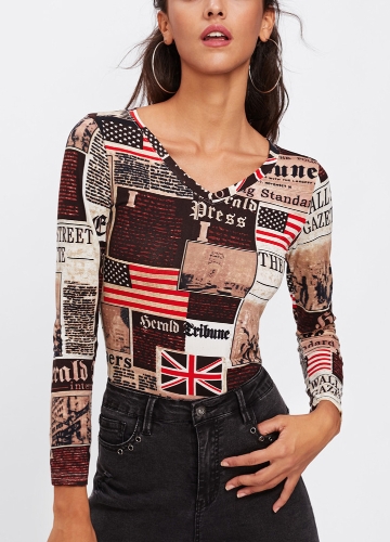 

Women Newspaper Print T-Shirt Long Sleeve Slim Pullover Top