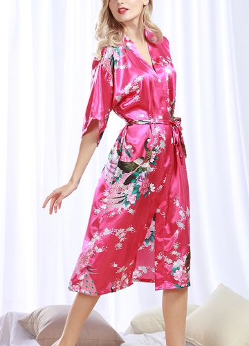 

Faux Silk Satin Floral Birds Print Open Front Midi Robe Kimono