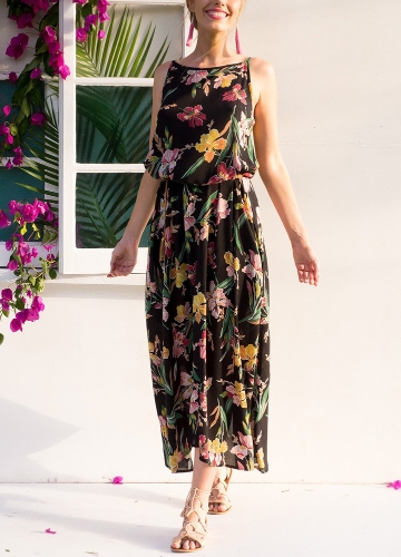 

Women Floral Maxi Dress Sleeveless Side Pocket Beach Bohemian A-Line Dress