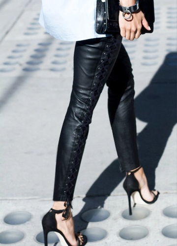 

Women Leather Pants Lace Up Bandage Pencil Pants Elastic Slim Trousers