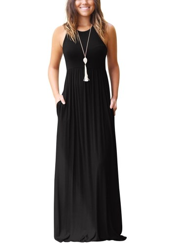 

Твердый круглый шею без рукавов Racer Назад Плиссированные карманы Maxi Gown Dress