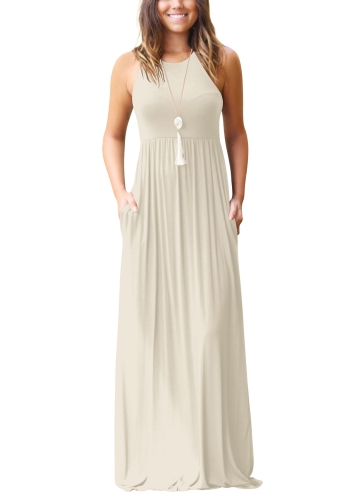 

Solid Round Neck Sleeveless Racer Back Pleated Pockets Maxi Gown Dress