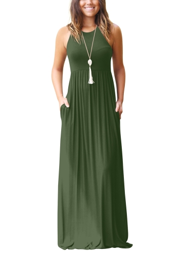 

Твердый круглый шею без рукавов Racer Назад Плиссированные карманы Maxi Gown Dress