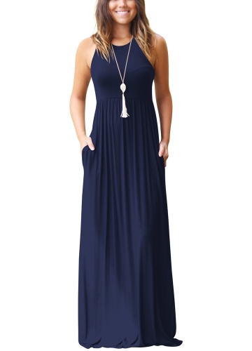 

Solid Round Neck Sleeveless Racer Back Pleated Pockets Maxi Gown Dress