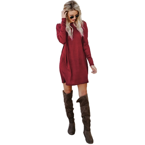 

Женщины Loose Knit Sweater Dress Long Sleeves Pockets Party Mini Straight Dress