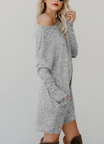 

Women Loose Knit Sweater Dress Long Sleeves Pockets Party Mini Straight Dress