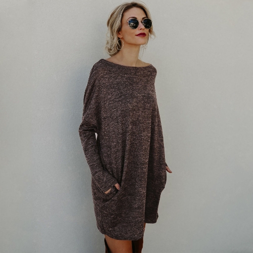 

Женщины Loose Knit Sweater Dress Long Sleeves Pockets Party Mini Straight Dress