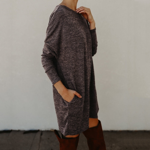 

Women Loose Knit Sweater Dress Long Sleeves Pockets Party Mini Straight Dress