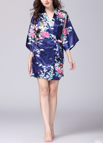 

Faux Silk Satin Floral Birds Print Open Front Half Sleeve Mini Dress