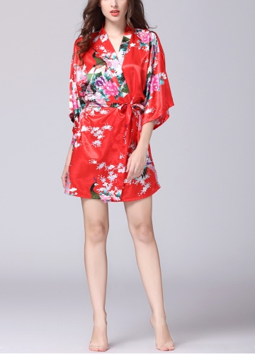 

Faux Silk Satin Цветочные птицы Версия для печати Открытая передняя половина рукава Мини платье