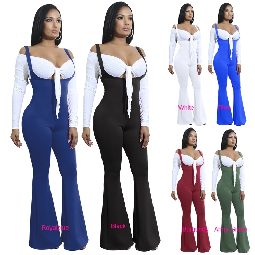 

Women Jumpsuit Solid Suspender Strap Sleeveless Open Back Wide Flared Legs Bell Bottom Sexy Overalls