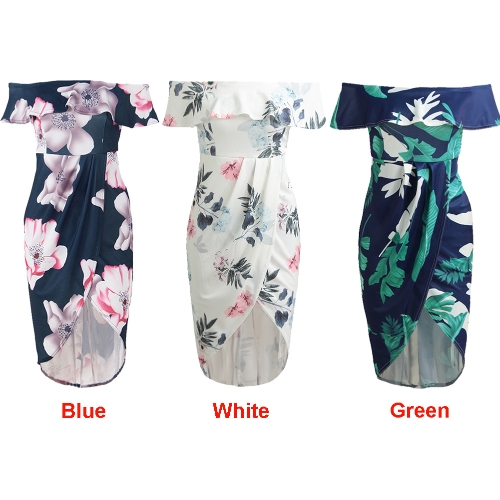 

Sexy Women Boho Off Shoulder Dress Ruffles Floral Print Asymmetric Ruched Split Summer Beach Holiday Dress White/Blue/Green