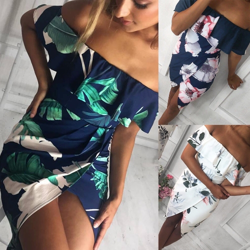 

Sexy Women Boho Off Shoulder Dress Ruffles Floral Print Asymmetric Ruched Split Summer Beach Holiday Dress White/Blue/Green
