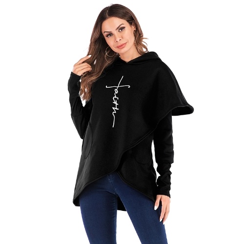 

Fashion Women Hoodie Faith Letter Print Asymmetric Casual Loose Coat Pullover Sweatshirts Hooded Tops