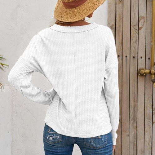 

Women Long Sleeve T-Shirt Waffle Knit Tops Hollow out V-Neck Batwing