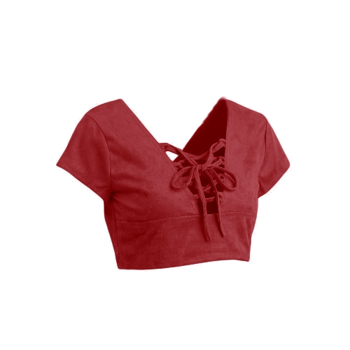 

Европа сексуальных женщин Crop Top Замша Faux ремень Узелок V-образным вырезом с открытой спиной Тонкий Топы