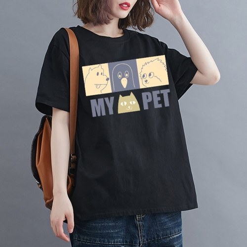 

Women Cotton Short Sleeve T-shirt O-neck Cartoon Print Loose Casual Spring Summer Tops