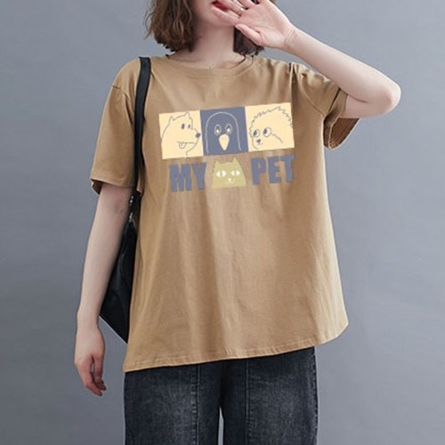 

Women Cotton Short Sleeve T-shirt O-neck Cartoon Print Loose Casual Spring Summer Tops