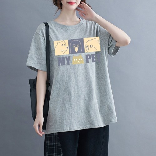 

Women Cotton Short Sleeve T-shirt O-neck Cartoon Print Loose Casual Spring Summer Tops