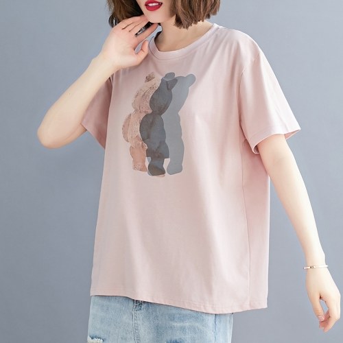 

Women Cotton Short Sleeve T-shirt O-neck Cartoon Print Loose Casual Spring Summer Tops