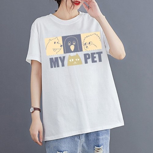 

Women Cotton Short Sleeve T-shirt O-neck Cartoon Print Loose Casual Spring Summer Tops