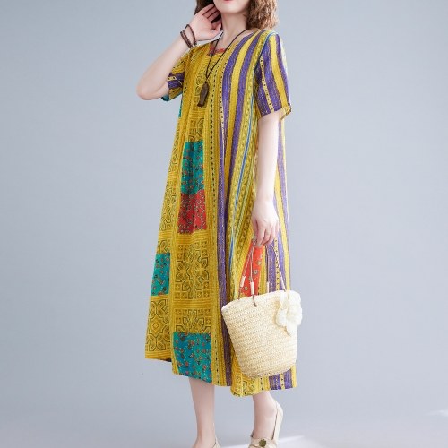

Women Vintage Dress Cotton Linen Stripe Plaid Print Short Sleeve Pockets Loose Casual Dress