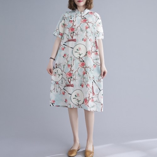 

Vintage Women Cotton Linen Dress Floral Print Stand Collar Short Sleeve Elegant Fashion Cheongsam Midi Dress