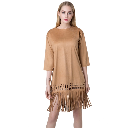 Chic Women Faux Suede Round Neck Zipper Back Tassel Hem Flapper Shift Dress