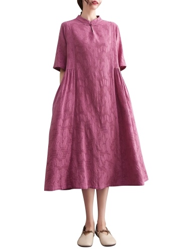 

Women Vintage Loose Dress with Pockets Half Sleeves Holiday Casual Dress