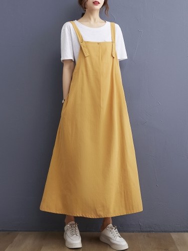 

Women Loose Dress with Pockets Sleeveless Adjustable Suspenders Tank Dress