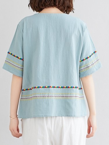 

Women Loose Blouse Striped Embroidered Half Sleeves Vintage T-shirts
