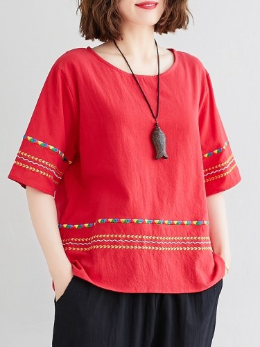 

Women Loose Blouse Striped Embroidered Half Sleeves Vintage T-shirts