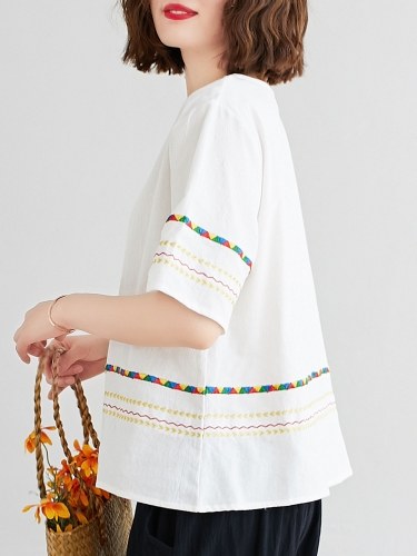 

Women Loose Blouse Striped Embroidered Half Sleeves Vintage T-shirts