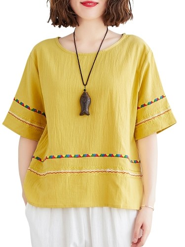 

Women Loose Blouse Striped Embroidered Half Sleeves Vintage T-shirts