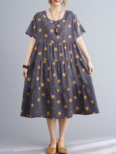 

Women Loose Dress Polka Dot Print Short Sleeved Beach Dress