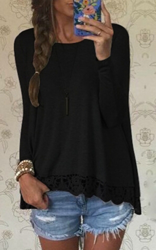 

Chic Women Casual Round Neck Long Sleeve Crochet Lace Irregular Hem T-Shirt