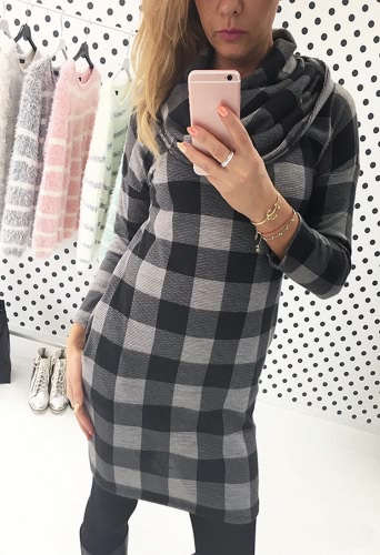 

Europe Women Dress Contrast Plaid Print Side Pocket Draped Neck Long Sleeve Mini Dress Grey/Black