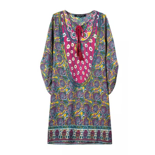 

New Women Mini Dress Floral Print Lace Up Ruched Split O Neck 3/4 Batwing Sleeve Loose Vintage Casual Yellow