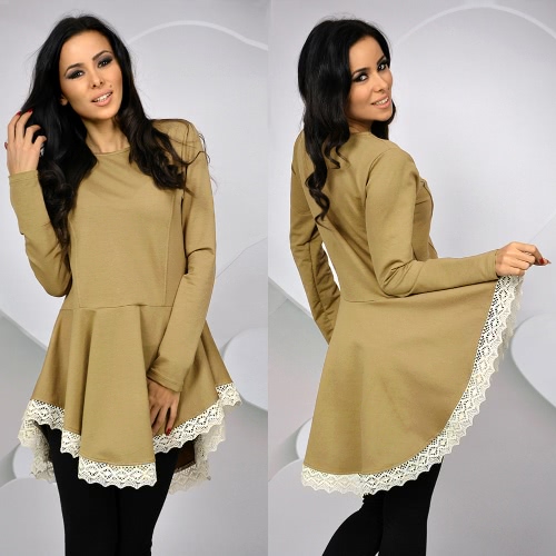 

New Fashion Women Dress O Neck Long Sleeve Lace Trim Slim Lady Solid Color Dress Black/Khaki/Green