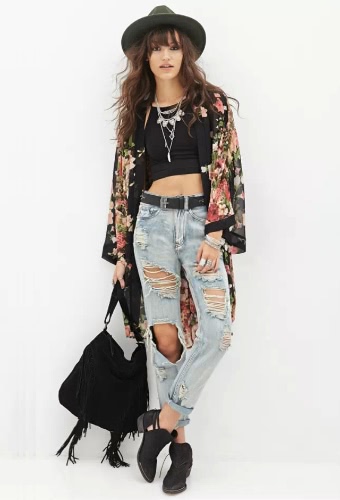 

Vintage Floral Print Long Bat Sleeves Women's Chiffon Kimono Blouse